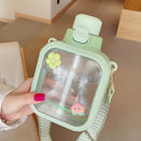 Axyaa Kawaii Flat Water Bottle with Straw Strap - 700ml Portable BPA-Free Drink Bottle