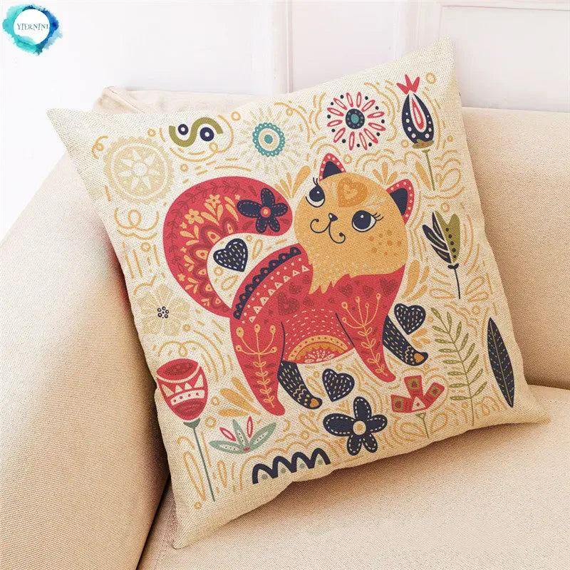 Axyaa Cartoon Cat Linen Pillowcase - Modern Home Decor, Kids Room Pillow Cover