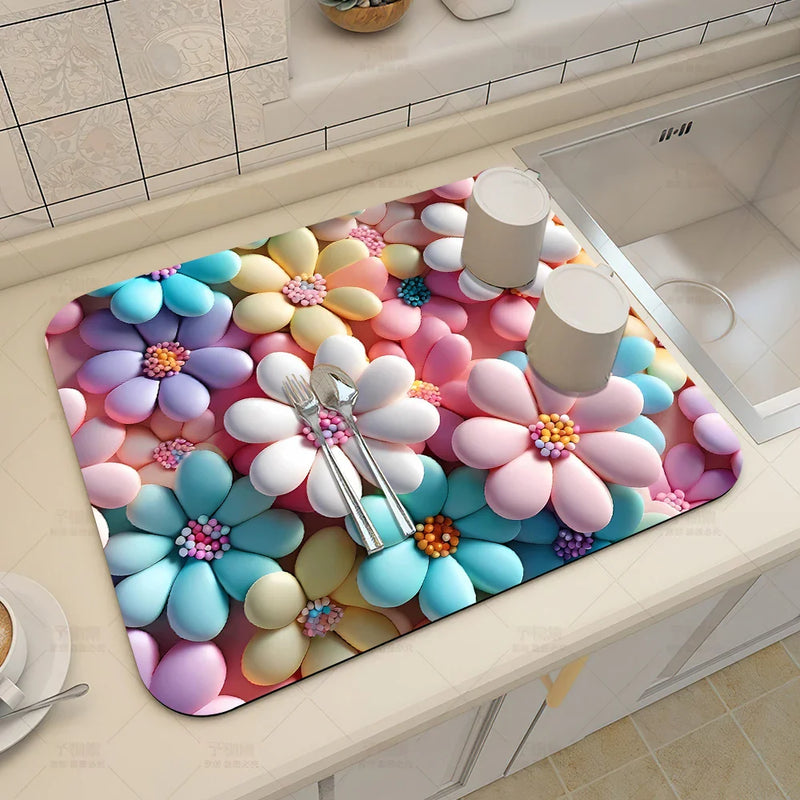 Axyaa 3D Visual Effect Drain Mat - Absorbent, Non-Slip, Anti-Mildew Kitchen Tableware Mat