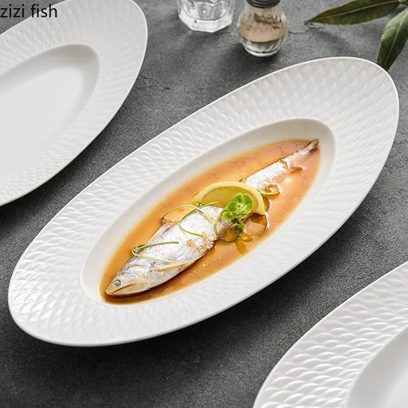 Axya Scaly Texture Ceramic Fish Plate | Oval Dessert Sushi Dish