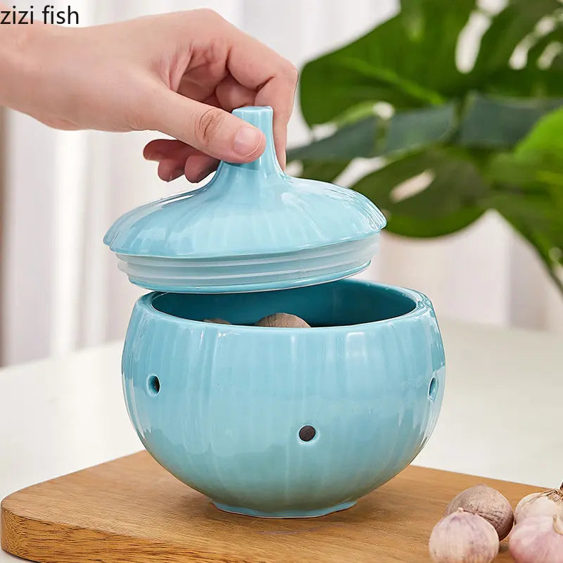 Axya Ceramic Onion Jar Kitchen Container for Garlic Ginger Storage.