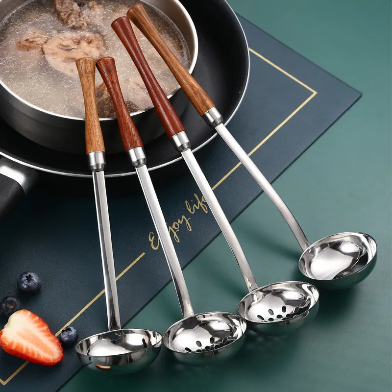 Axyaa Wooden Handle Skimmer Ladle Stainless Steel Tablespoons