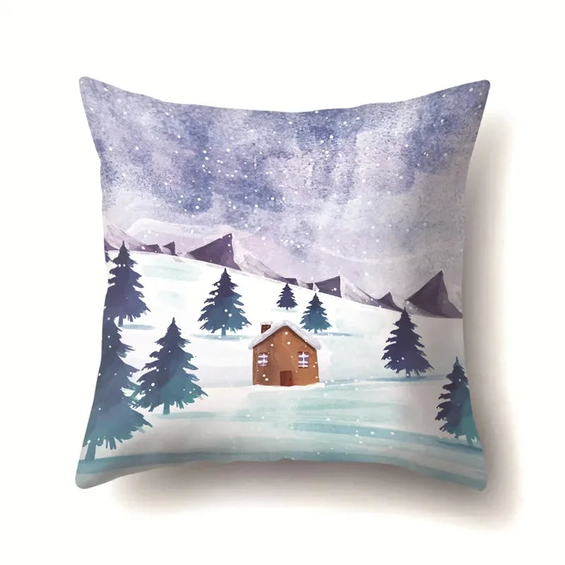 Axyaa Winter Snow Scene Print Pillow Cover for Home Decor 45X45CM