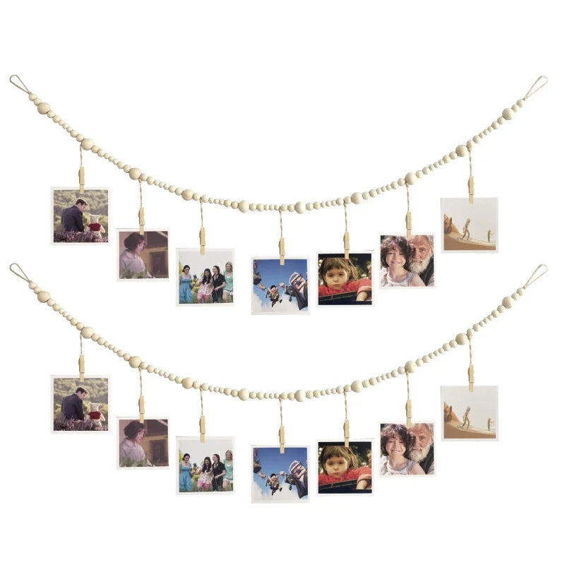 Wooden Bead Garland Photo Display Wall Decor by Axyaa