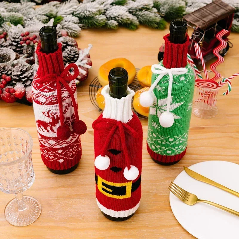 Knitted Snowflake Elk Christmas Wine Bottle Cover by Axyaa