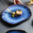 Axyaa Deep Blue Ceramic Irregular Flat Plate Set for Stylish Tableware and Kitchen Decor