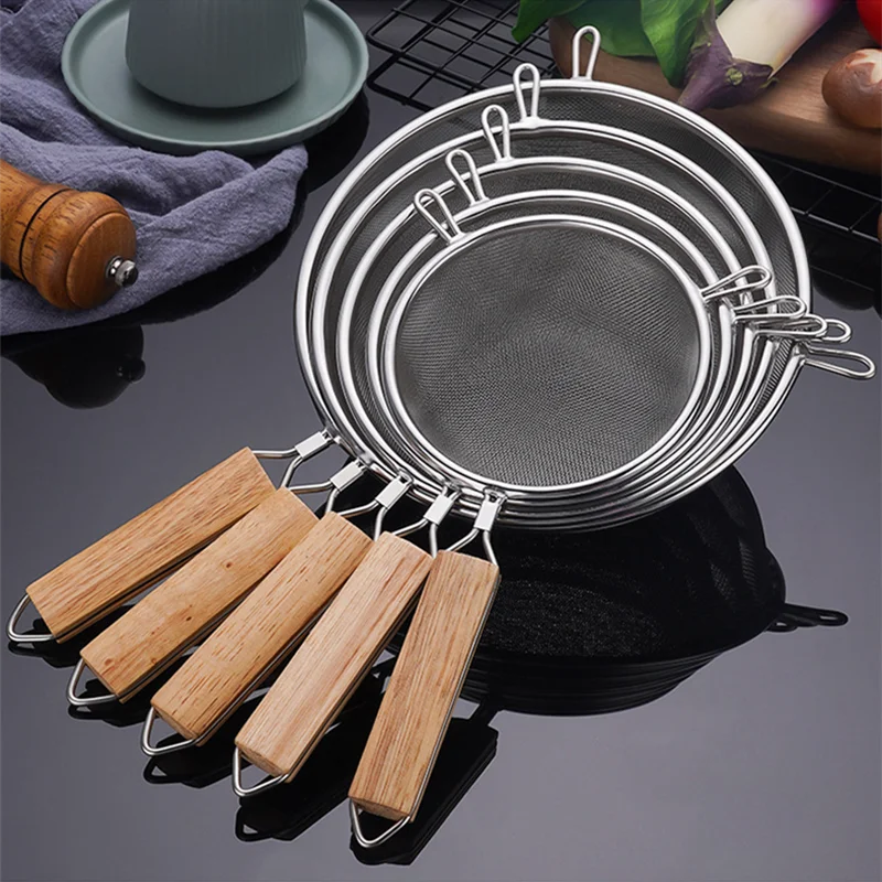 Axyaa Stainless Steel Double Ear Colander Spoon(Strainer) with Wooden Handle