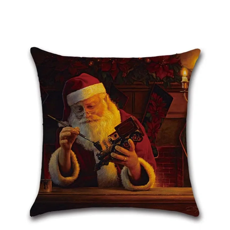 Axyaa Santa Claus Print Linen Pillow Cover - 45X45cm