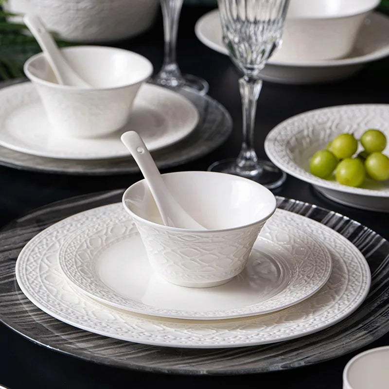 Axya White Bone Dinnerware Set - 60-Piece European Style Tableware & Spoon Chopsticks