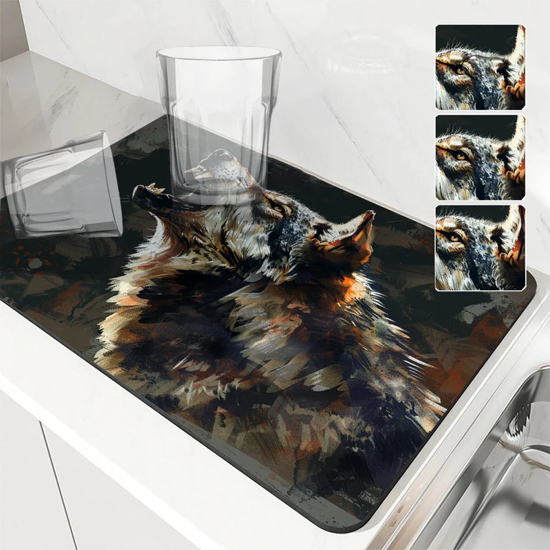 Axyaa Wolf Kitchen Drying Mat: Absorbent Placemat for Cup Drying & Table Decoration