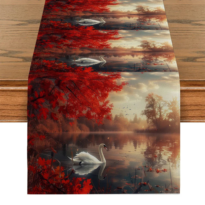 Axyaa Red Maple Swan Lake Table Runner for Home Decoration