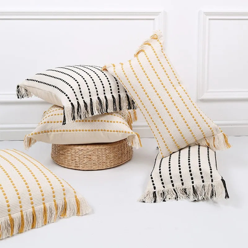 Axyaa Yellow White Knitting Boho Cushion Cover for Home Decoration