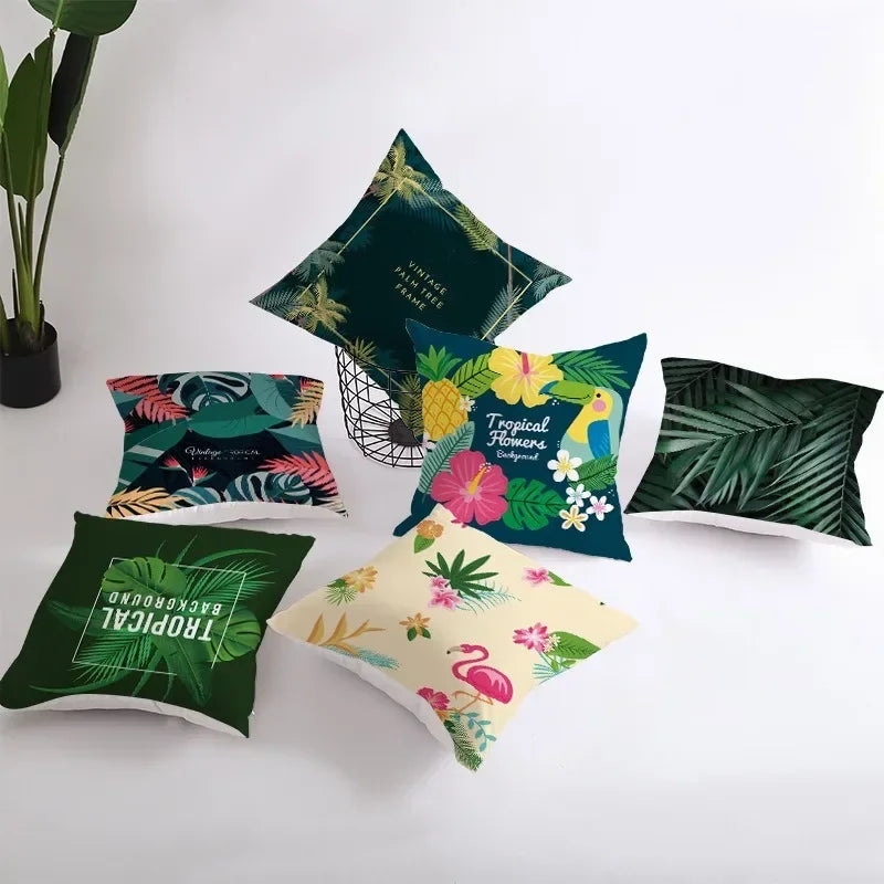 Flamingo Flower Rainforest Cushion Cover with Tropical Plant Animal Pattern by Axyaa
