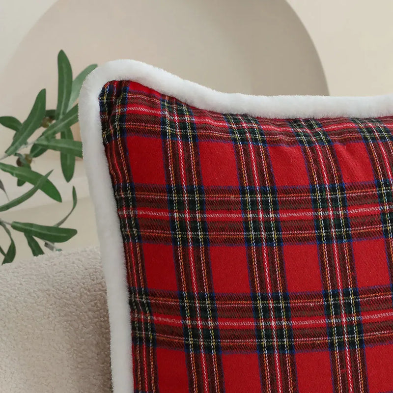 Axyaa Red Plaid Cushion Cover with White Plush Edge for Living Room and Bedroom