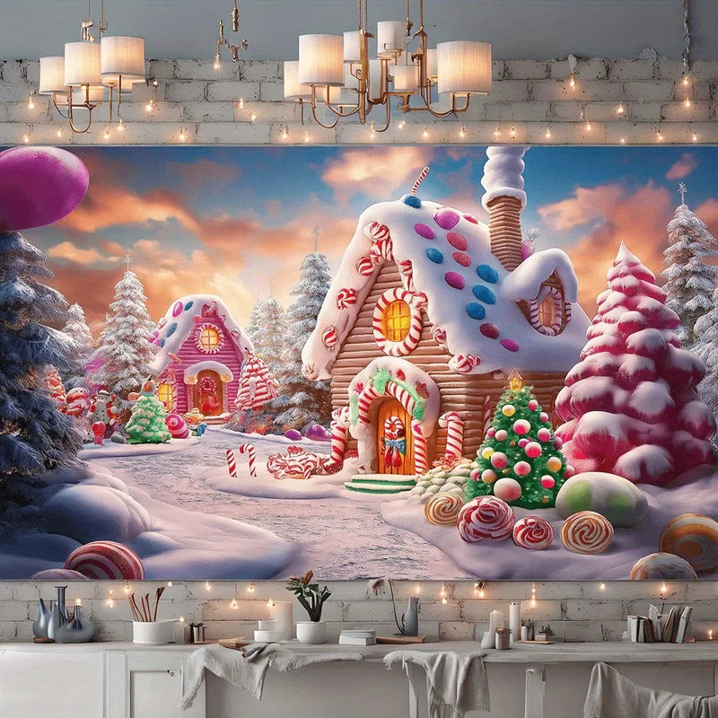 Axyaa Christmas Candy House Tree Wall Tapestry for Home and Outdoor Parties