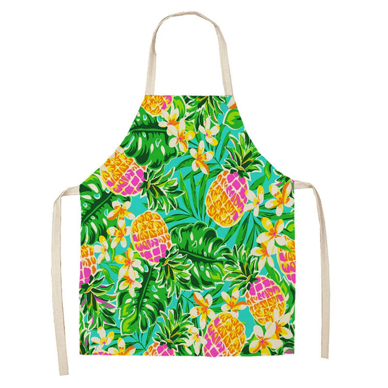 Axyaa Tropical Pineapple Flowers Adult Bib Apron - Green Palmetto Plant Kitchen Apron