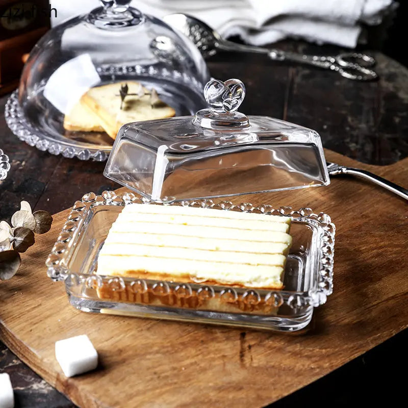 Axya Glass Cake Tray with Cover and Stand Butter Dish Dessert Plate Display Tray