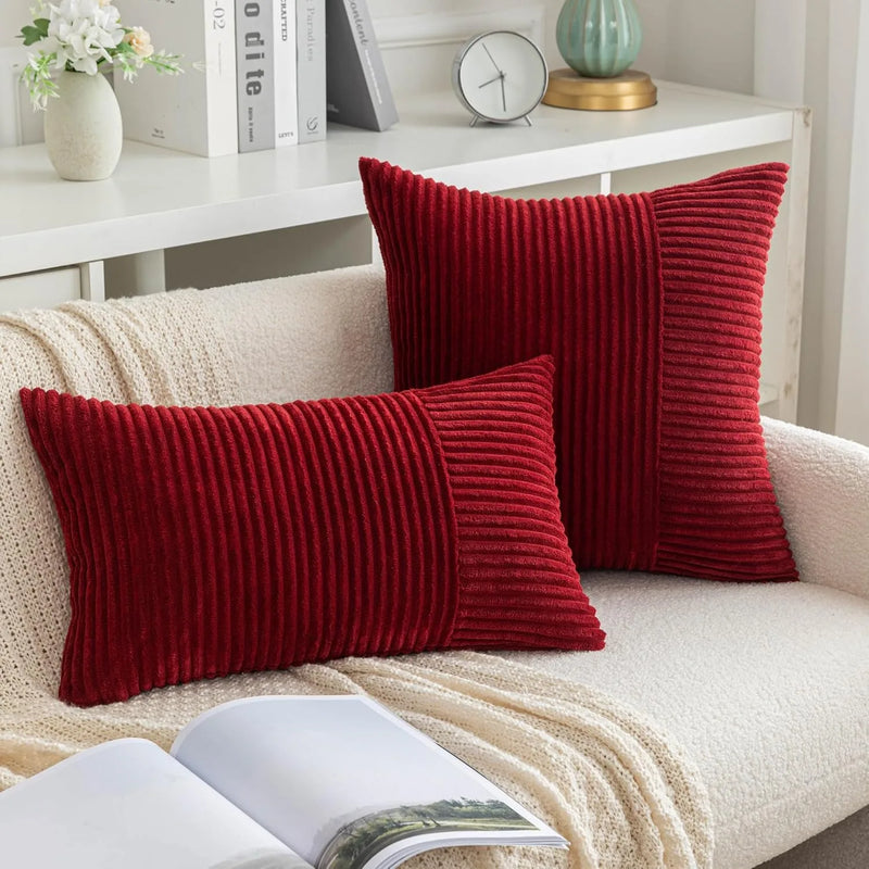 Red Striped Pattern Modern Corduroy Throw Pillow Cover by Axyaa