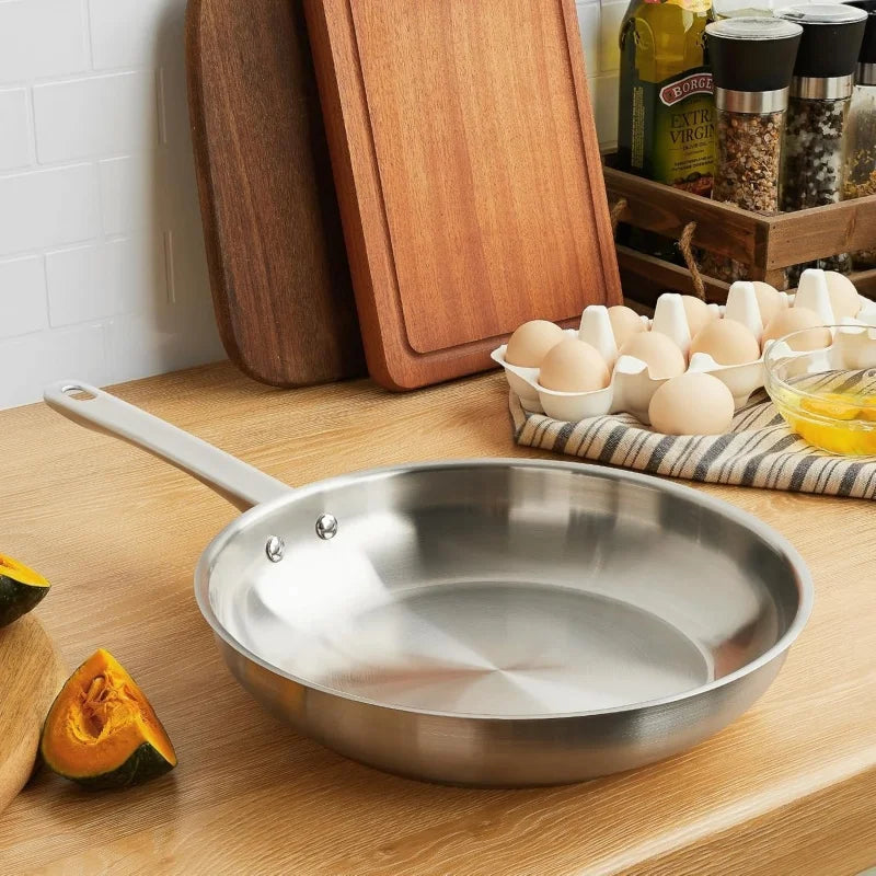 Axyaa 10/12-inch Stainless Steel Frying Pan for Professional Cooking and Kitchen Cookware