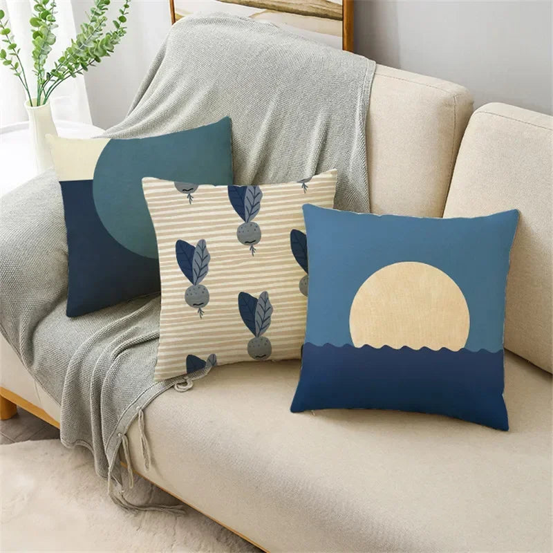 Axyaa Blue Texture Print Linen Cushion Case for Living Room Sofa - 40cm/45cm/50cm