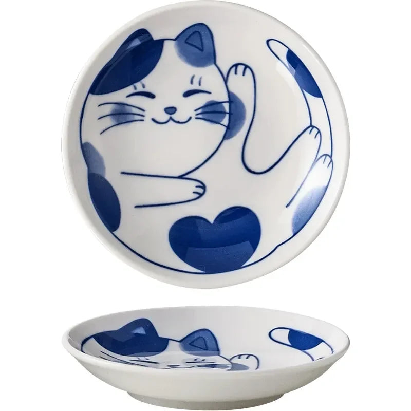 Axya Lucky Cat Ceramic Dessert Dish: Cute Cartoon Water Drop Shape Plate