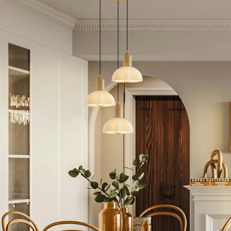 Axyaa White Glass LED Pendant Lights with Wood Handle - Modern Living Room Décor