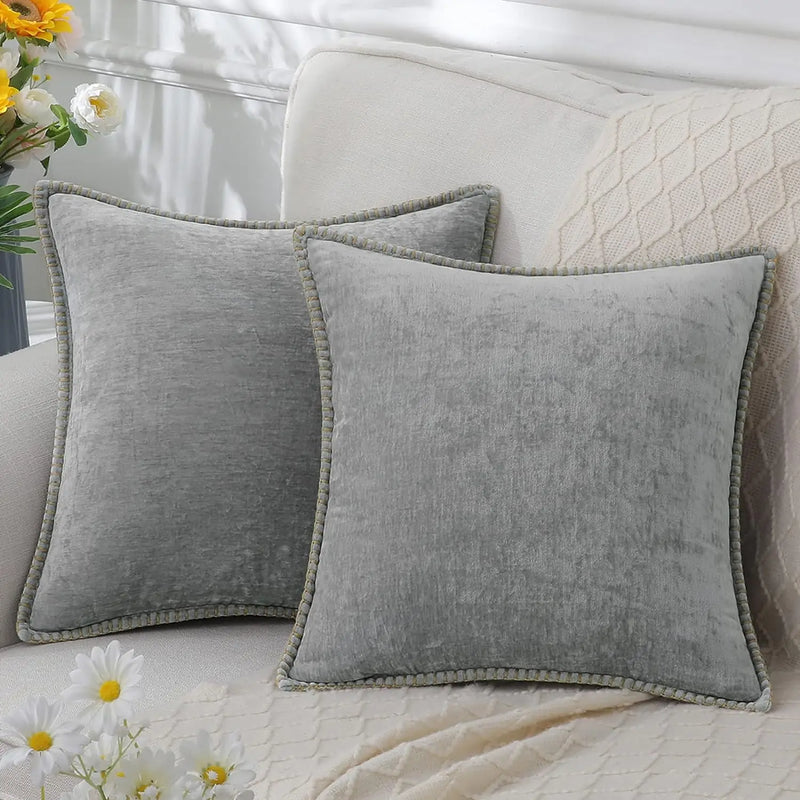 Luxury Blue Chenille Cushion Covers with Stitched Edge for Sofa Decor - Axyaa