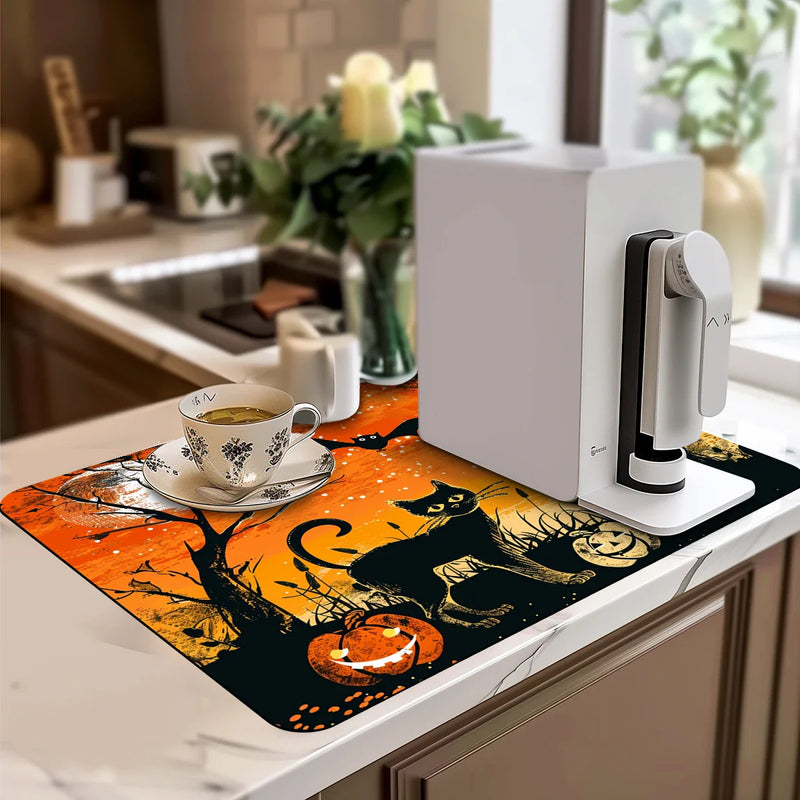 Axyaa Halloween Bat Owl Watercolor Drying Mat Black Absorbent Kitchen Mats
