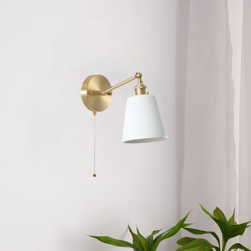 Axyaa White Ceramic LED Wall Sconce Lamp, Nordic Copper Minimalism for Living Room, Bedroom