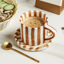 Axyaa Hand-painted Japanese Style Ceramic Mug Set, Vintage Striped Coffee Cup with Saucer