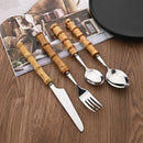 Axyaa Bamboo Handle Dinnerware Cutlery Set - Stainless Steel Tableware Steak Knives Fork Spoon Set