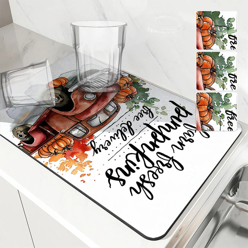 Drying Mat for Fall Vibes: Autumn Truck & Pumpkin Non-Slip Absorbent Mat by Axyaa