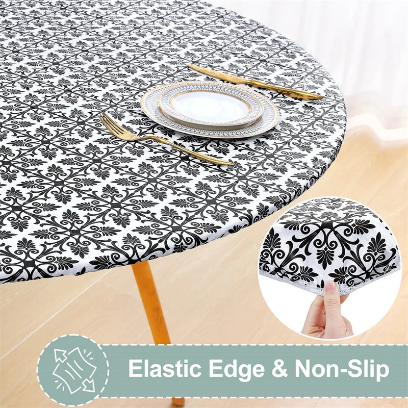Axyaa Waterproof Fitted Round Vinyl Tablecloth for Outdoor Picnics and Camping