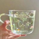 Axyaa Glass Mug with Flower Printings, Heat Resistant, Large Capacity, Coffee Juice Water Cup