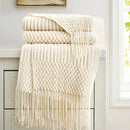 Axyaa Cream White Oversized Blanket with Tassel, Cozy Knitted Throw for Sofa and Bed