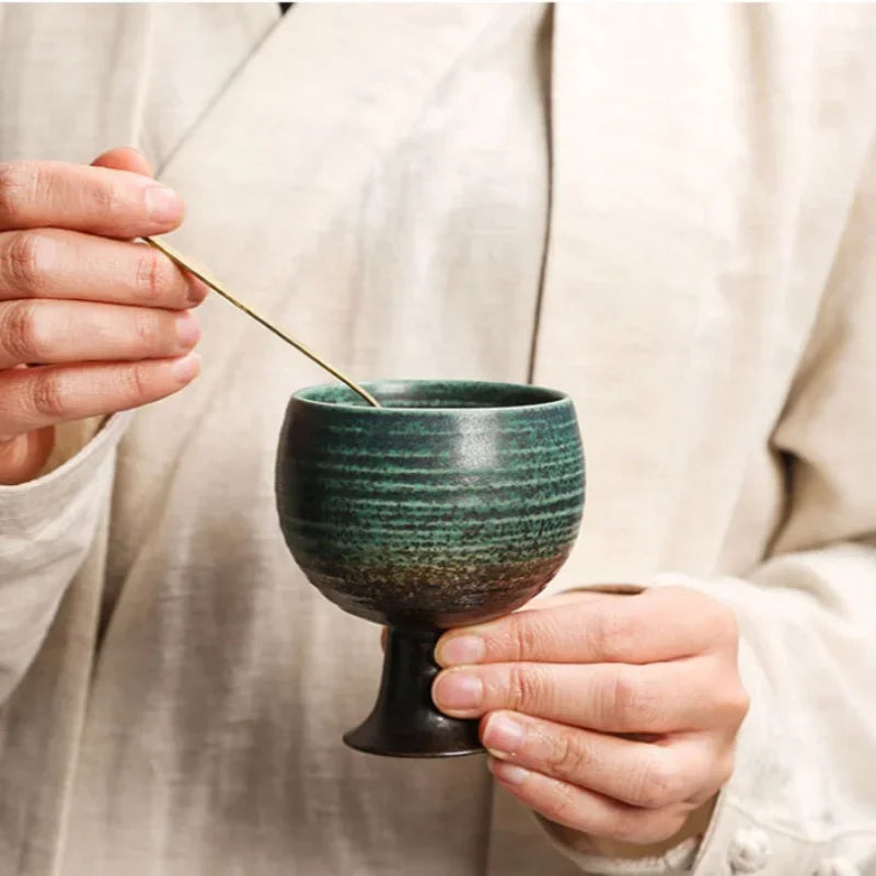 Axyaa Ceramic Coffee Cup Set with Spoon, Coarse Pottery Goblet for Home Decor