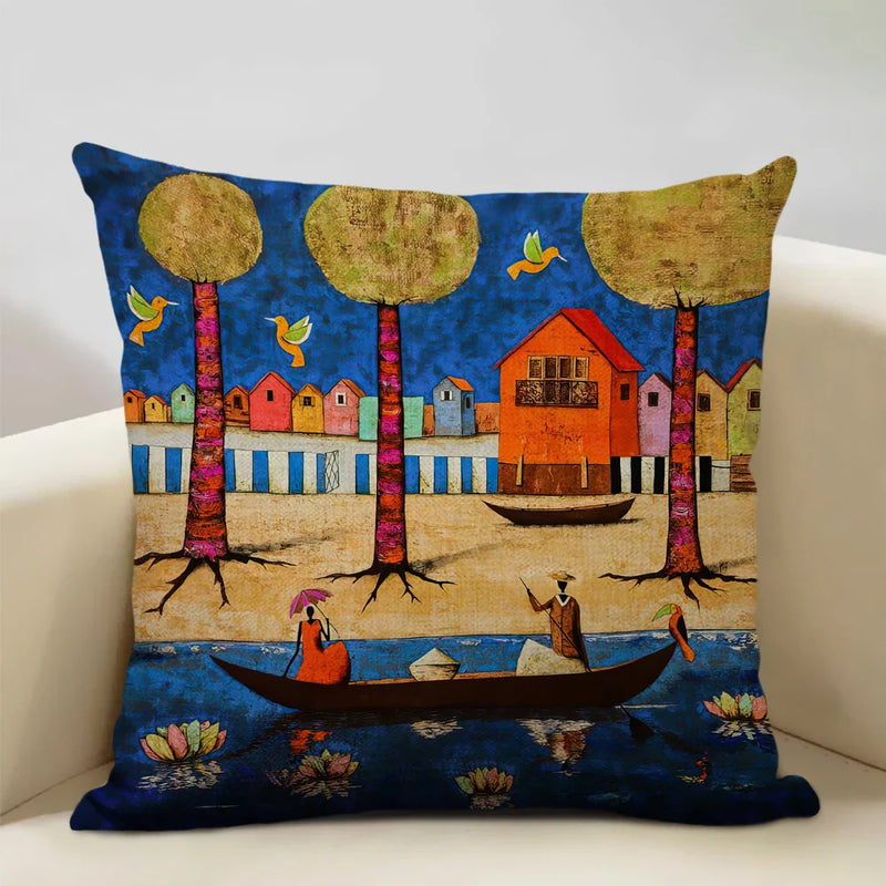 Axyaa African National Style Oil Painting Cushion Cover for Living Room Sofa Art