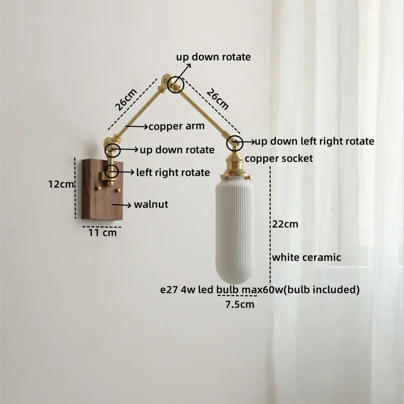 Axyaa Ceramic Copper Swing Arm LED Wall Light for Home Decor