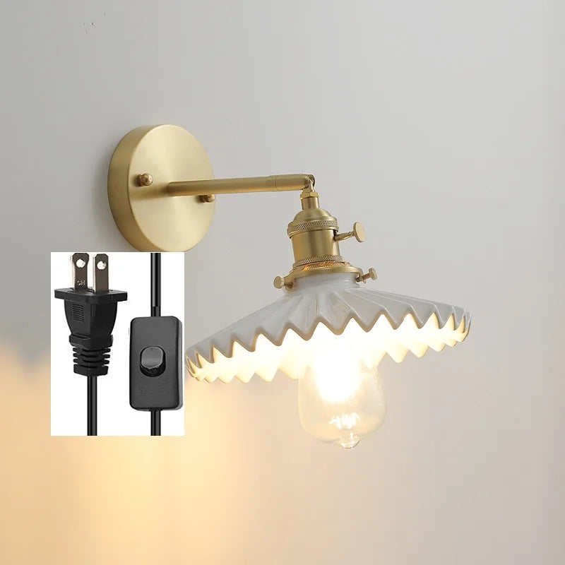 Axyaa Ceramic LED Wall Lamp with Pull Chain Switch - Modern White Black Copper Mirror Light