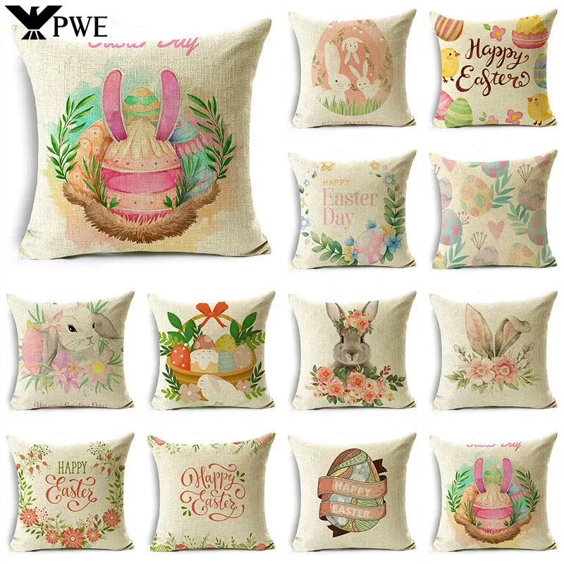 Axyaa Easter Pillowcase with Colored Eggs and Rabbit Print