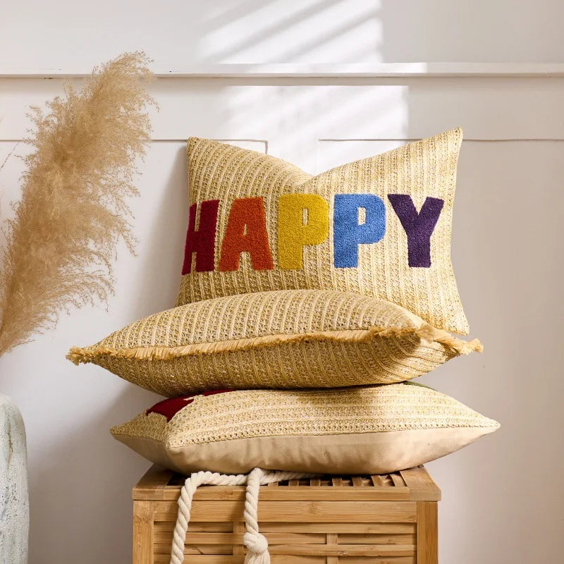 Embroidered Happy Home Pillow Cover by Axyaa for Living Room & Bedroom