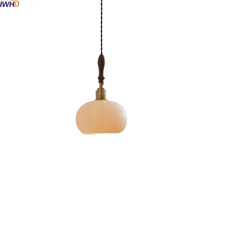 Axyaa Ceramic Wood Copper LED Pendant Light - Japan Style Chandelier