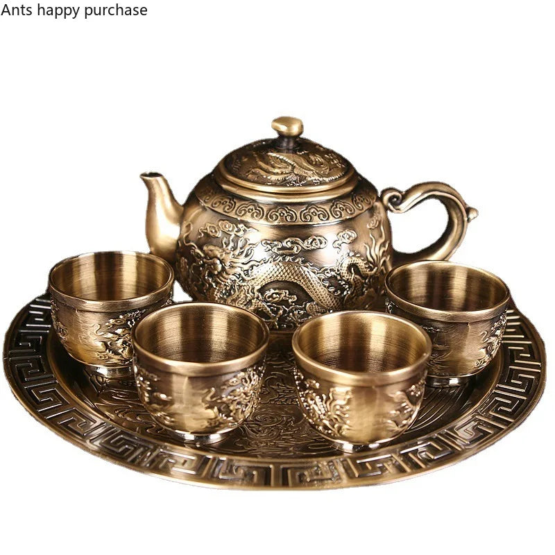 Axya Dragon Phoenix Metal Tea Set Tray 6 Teacup Teapot Teaware Utensils