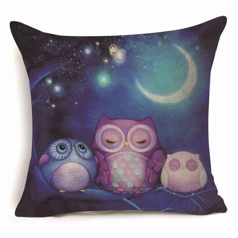 Axyaa Owl Linen Pillowcase: Office Car Sofa Living Room Decor 45x45cm