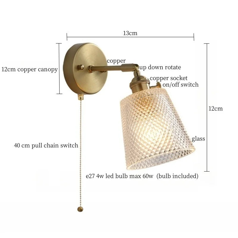 Axyaa Clear Brass Glass LED Wall Lamp with Pull Chain