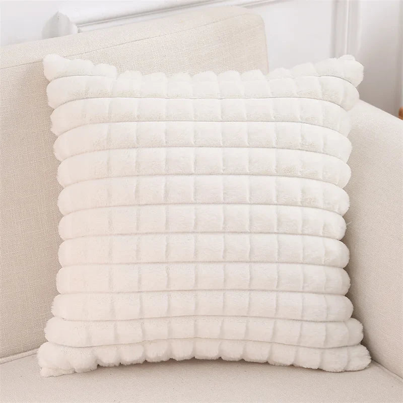 Axyaa Faux Rabbit Fur Plaid Throw Pillow Covers Soft Fluffy Home Decor Case