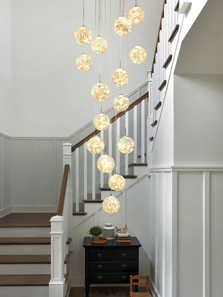 Axyaa Minimalist LED Glass Chandelier, Round Ball Gold Hanging Lights for Staircases