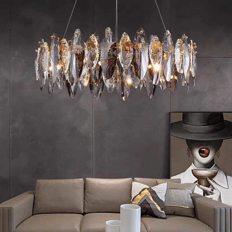 Axyaa Ash Crystal Ceiling Chandelier - Modern Living Room Pendant Lighting