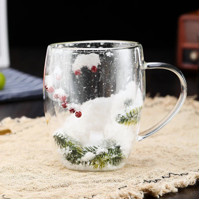 Axya Christmas Tree & Snow Clear Glass Cup Set - 350ml Double Wall Heat-resistant Mug