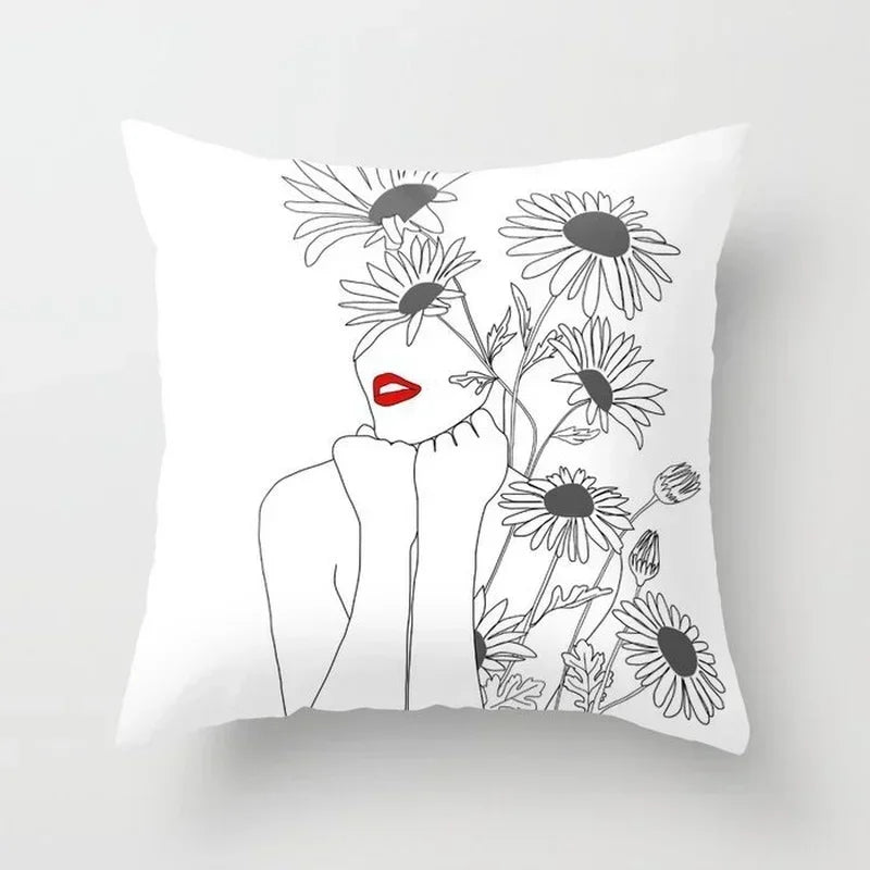 Minimalist White Pillow Cover - Axyaa Portrait Sketch Nordic Cushion